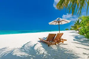 Tropical paradise beach with white sand and coco palms travel tourism wide panorama background. Luxury vacation and holiday banner tropical beach rest