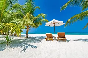 Tropical paradise beach with white sand and coco palms travel tourism wide panorama background. Luxury vacation and holiday banner tropical beach rest