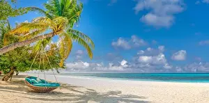 Vacation Destinations Prints: Tropical relax beach as summer island landscape with beach swing or hammock on palm