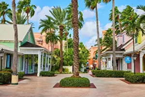 Bahamas Prints: Tropical Street with Pastel Buildings and Palm Trees, Nassau