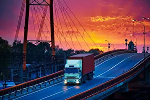 Junction Prints: truck with container rides over the bridge