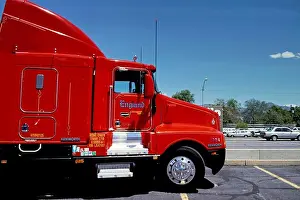 Means Of Transportation Prints: US truck, red, Kenworth brand, on highway car park, USA
