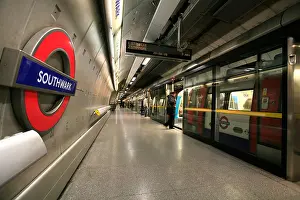 Major Prints: Tube logo and train arriving at Southwark underground station, London, England, UK, Europe