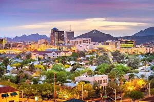 Images Dated 16th April 2018: Tucson, Arizona, USA downtown city skyline with mountains at twilight