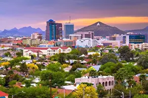 Tucson Prints: Tucson, Arizona, USA downtown city skyline with mountains at twilight