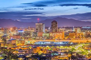 Tucson, Arizona, USA downtown skyline from Sentinel Peak at dawn