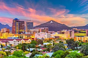 Tucson, Arizona, USA downtown skyline with Sentinel Peak at dusk. (Mountaintop A for Arizona')