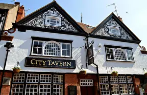 Tudor Prints: Tudor style black and white timber frame tavern in Chester City centre