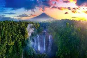 East Java Prints: Tumpak Sewu Waterfall and Semeru mountain at sunrise, Indonesia