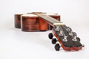 Blues Prints: Tuning pegs on wooden machine head of six strings guitar on white background