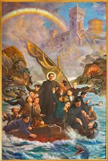 Boys Prints: TURIN, ITALY - MARCH 15, 2017: The painting of glorious dreams of Don Bosco Sogno della Zattera or The Road to Hell