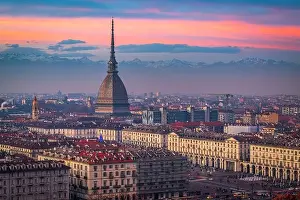 Turin, Piedmont, Italy skyline with the Mole Antonelliana at dusk