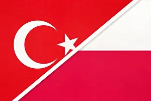 Turk Prints: Turkey and Poland, symbol of country. Turkish vs Polish national flags