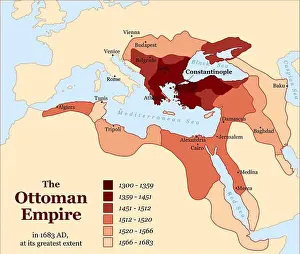 Red Sea Prints: Turkish history - The Ottoman Empire at its greatest extent in 1683 - overview map of its territory expansion