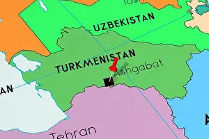 Pinned Prints: Turkmenistan, Ashgabat - capital city, pinned on political map