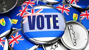 Elections Prints: Turks and Caicos Islands and Vote - dozens of pinback buttons with a flag of Turks and Caicos Islands and a word Vote