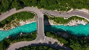Green Valley Prints: Turquoise Soca River and Napoleon Bridge Seen from Above in Slovenia