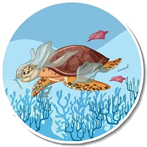 Polluting Prints: Turtle stuck with plastic trash cartoon sticker illustration