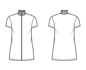 Knee Prints: Turtleneck zip-up dress technical fashion illustration with short sleeves