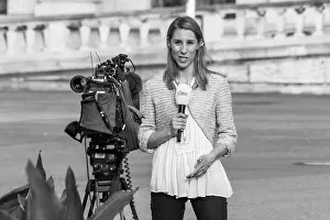 Joking Prints: A TV crew from Servus TV preparing to go on air for a news broadcast about Vladimir Putin's visit to Vienna June