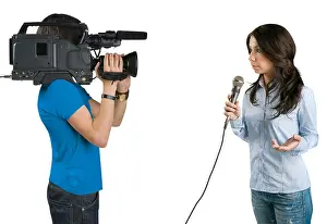 Filming Prints: TV reporter presenting the news in studio, isolated on white background