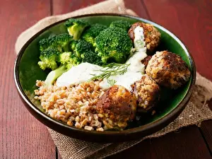 Broccoli Prints: TVP Balls with Greek Style Lemon Yogurt Sauce on Farro