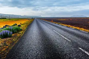 Typical Iceland landscape with road and mountains on background. Summer time