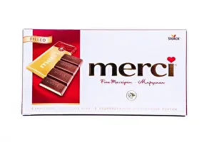 Illustrative Editorial Prints: Tyumen, Russia-May 25, 2021: Merci chocolate brand of chocolate candy manufactured by the German company August Storck