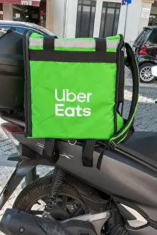 Scooter Prints: Uber Eats Hot Food Home Delivery Bag Backpack On A Motorcycle In Cascais Portugal