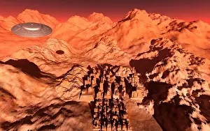 Aliens Prints: UFO Flying Above The Ruins Of An Ancient Martian City
