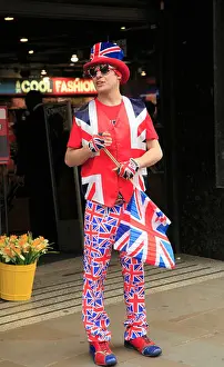 Travel Europe Prints: UK, England, London, Soho, man dressed in British flag