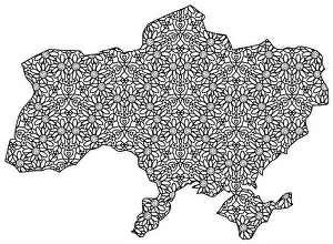 Fill Prints: Ukraine map pattern coloring page for adults with sunflowers, peace signs and love