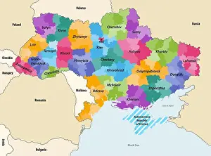 Regions Prints: Ukraine regions (oblasts) with administrative divisions (raions) vector map with neighbouring countries and territories