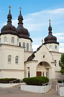 Stucco Prints: ukrainian church architecture of baroque style and copper clad domes with cupolas and crosses in arden hills minnesota