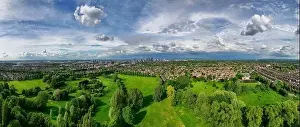 Beetham Tower Prints: Ultra wide panoramic image of Manchester Cityscape taken from Longford Park in Trafford