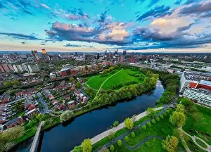 Salford Prints: Ultra wide shot above the river Irwell showing the Meadow and Manchester skyline