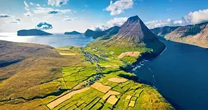 Faroe Island Prints: Unbelievable summer view from flying drone of Vidareidi village