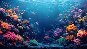 Coral Sea Prints: underwater coral reef landscape super wide banner background in the deep blue ocean with colorful fish and marine life