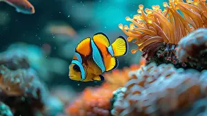Coral Sea Prints: underwater coral reef landscape super wide banner background in the deep blue ocean with colorful fish and marine life