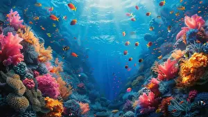 Coral Sea Prints: underwater coral reef landscape super wide banner background in the deep blue ocean with colorful fish and marine life