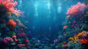 Coral Sea Prints: underwater coral reef landscape super wide banner background in the deep blue ocean with colorful fish and marine life