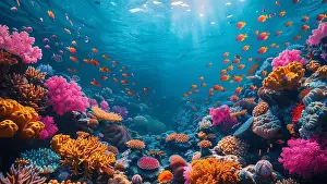 Coral Sea Prints: underwater coral reef landscape super wide banner background in the deep blue ocean with colorful fish and marine life
