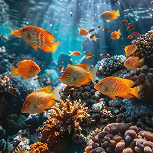 Coral Sea Prints: underwater coral reef landscape super wide banner background in the deep blue ocean with colorful fish and marine life