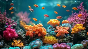 Coral Sea Prints: underwater coral reef landscape super wide banner background in the deep blue ocean with colorful fish and marine life