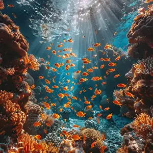 Coral Sea Prints: underwater coral reef landscape super wide banner background in the deep blue ocean with colorful fish and marine life
