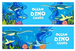 Undersea Prints: Underwater prehistoric dinosaurs and reptiles banners with vector paper cut sea water