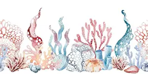 Starfish Prints: Underwater world seamless border of marine animals and plants octopuses