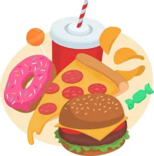 Hamburger Prints: Unhealthy fast food, snacks and take away soft drink: diet and nutrition concept