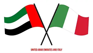 Crossed Prints: United Arab Emirates and Italy Flags Crossed And Waving Flat Style. Official Proportion