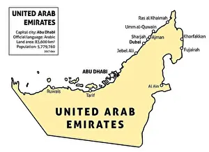 Sharjah Prints: United Arab Emirates (UAE) map. Outline vector country map with main cities and data table